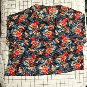 Navy blue polka dot floral blouse short sleeve